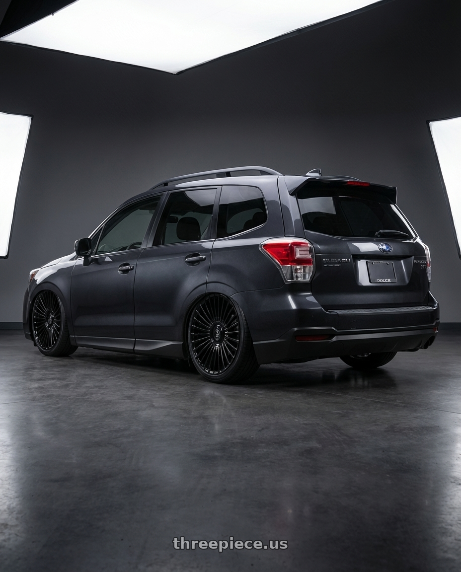 2017 Subaru Forester XT Dark Metallic Grey with DOLCE LUXURY TRENTO 6x135/6x139.7 22x9.5 +35 Glossy Black wheels rear three quarter view slight stretch tires