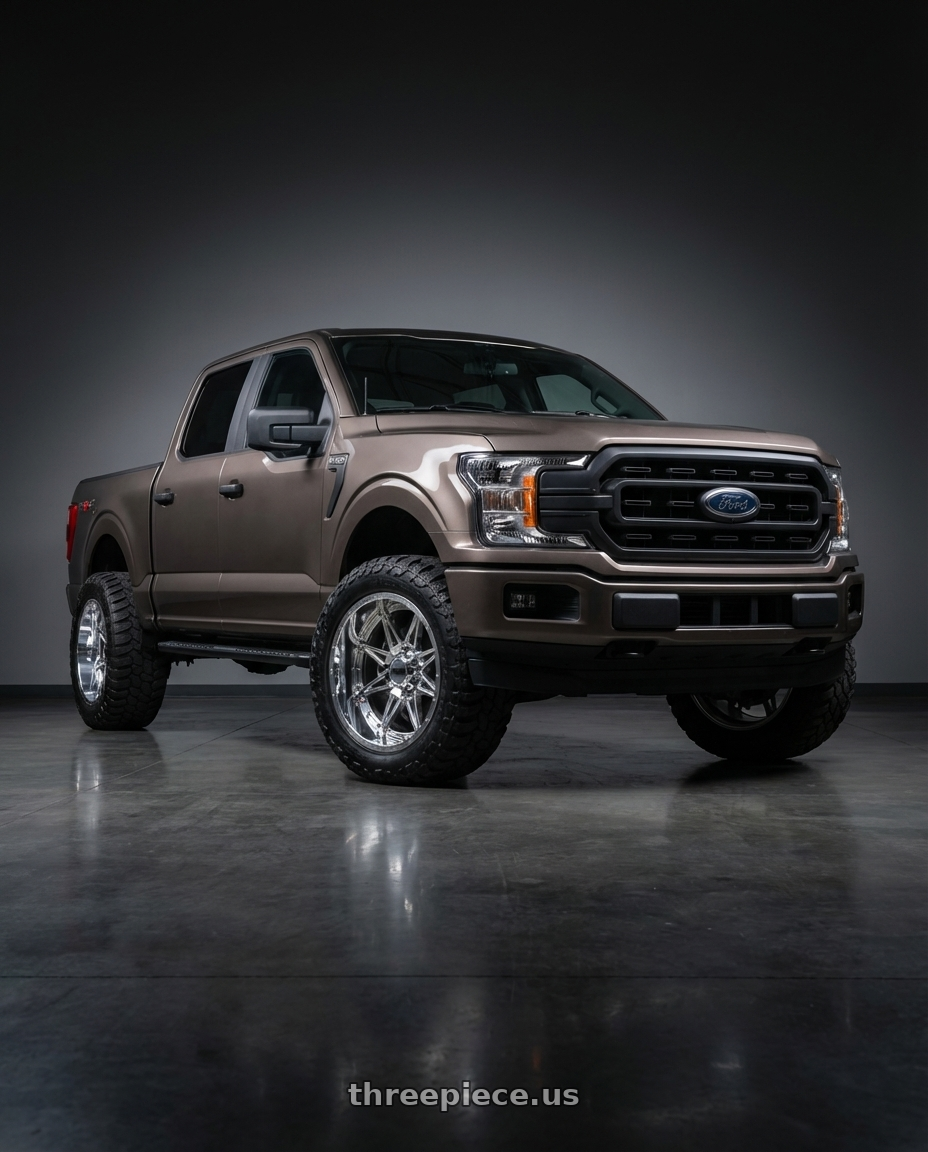 2019 Ford F-150 with Moto Metal MO993 HYDRA 6X135 20X12 -44 CHROME wheels front three quarter view stock stance