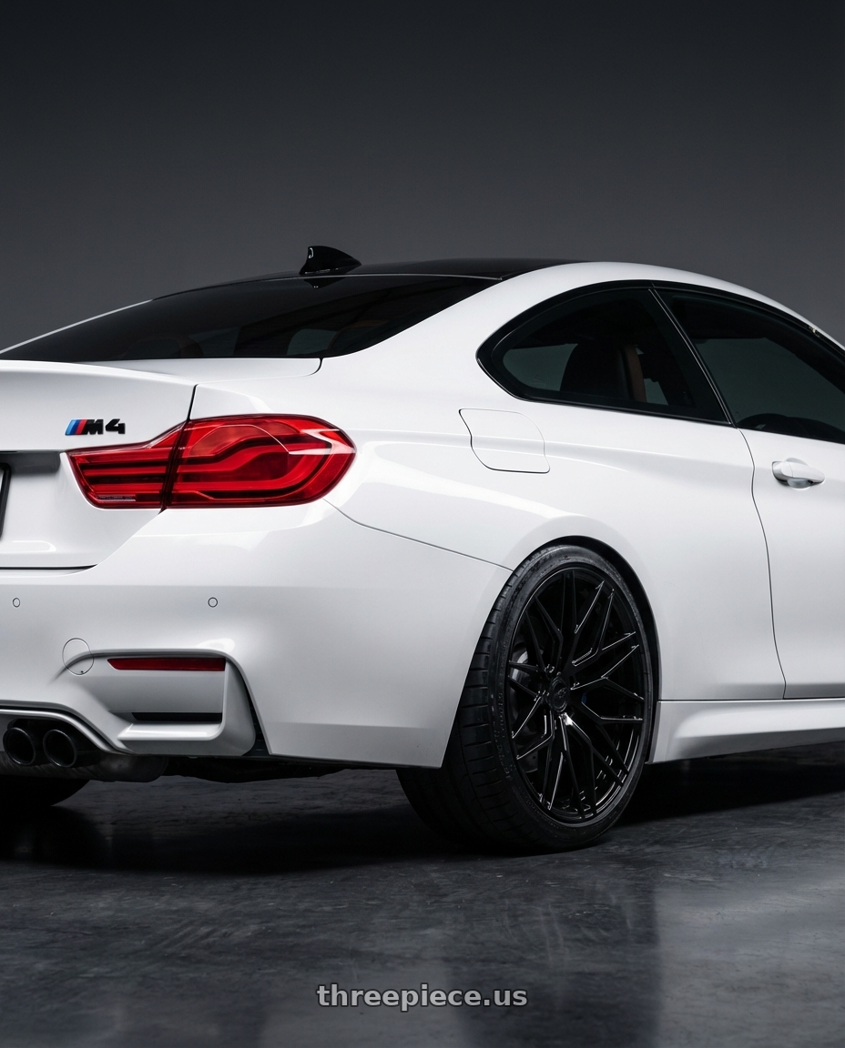 2018 BMW M4 F82 with Avant Garde Wheels M520R 5X120 19x8.5 +34 Gloss Black wheels rear three quarter view square tires