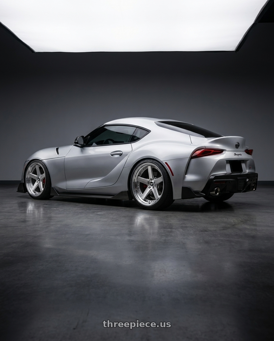 2020 gr supra premium with Work Zeast Black Label Bst2 5x112 20x10.5+38 A Disk Brush Silver Clear wheels rear three quarter view square tires