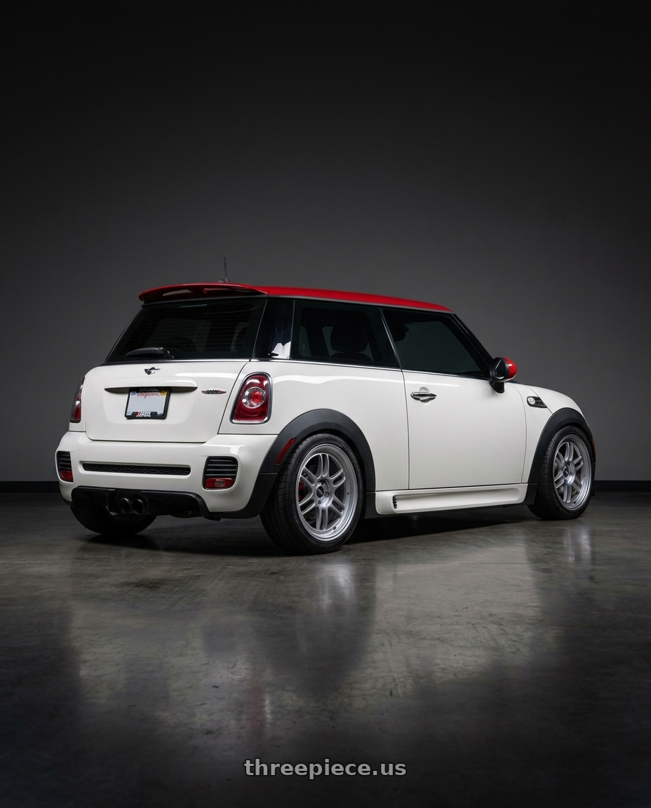2013 Mini Cooper JCW with Enkei RPF1 4x100 17x7+35 Silver wheels rear three quarter view square tires