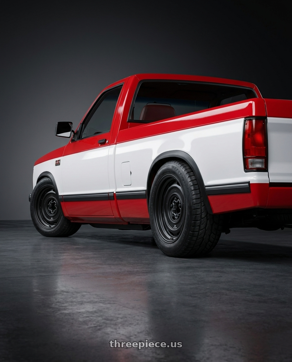 1992 GMC SONOMA with Mobelwagen MW512B Interceptor 5X112 16x7.5 23 Black wheels rear three quarter view meaty tires