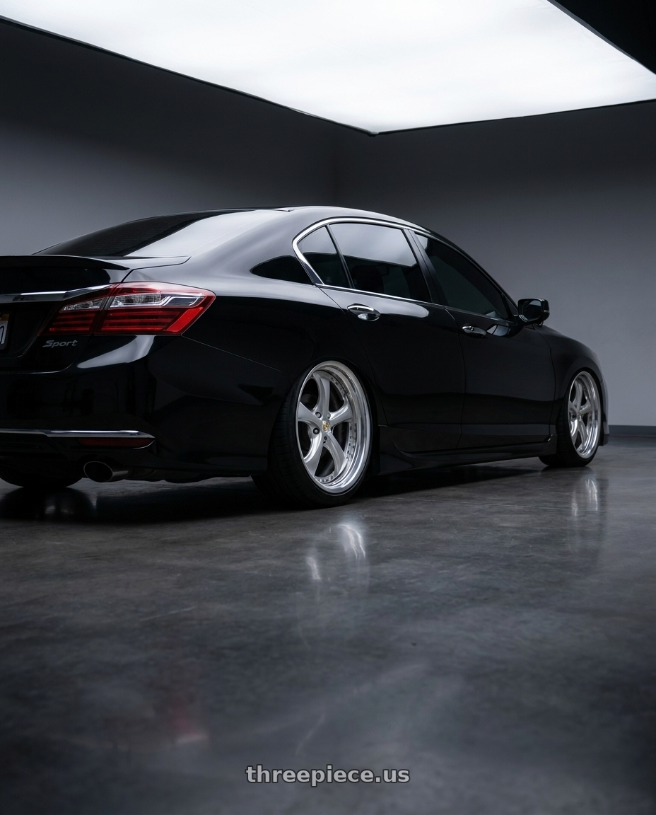 2016 Honda Accord Sport with Work Wheels VS-KF 5x114.3 19x8.5+40 Light Grey Silver O Disk STEP RIM wheels rear three quarter view square tires