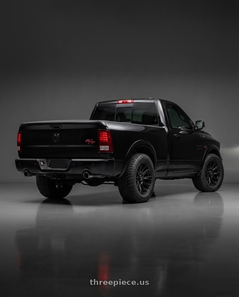 2017 Ram 1500 RT with Black Rhino Hard Alloys BR020 DIAMONDBACK 5X127 17x9 -12 MATTE BLACK wheels rear three quarter view meaty tires