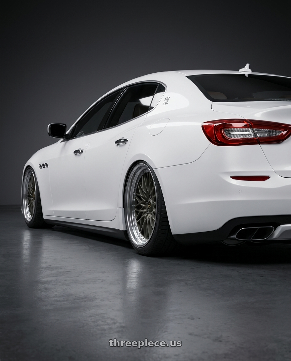 2014 maserati quattroporte gts  with Work Vs-Xv 5x114.3 20x11+46 O Disk Matte Dark Gunmetal wheels rear three quarter view square tires