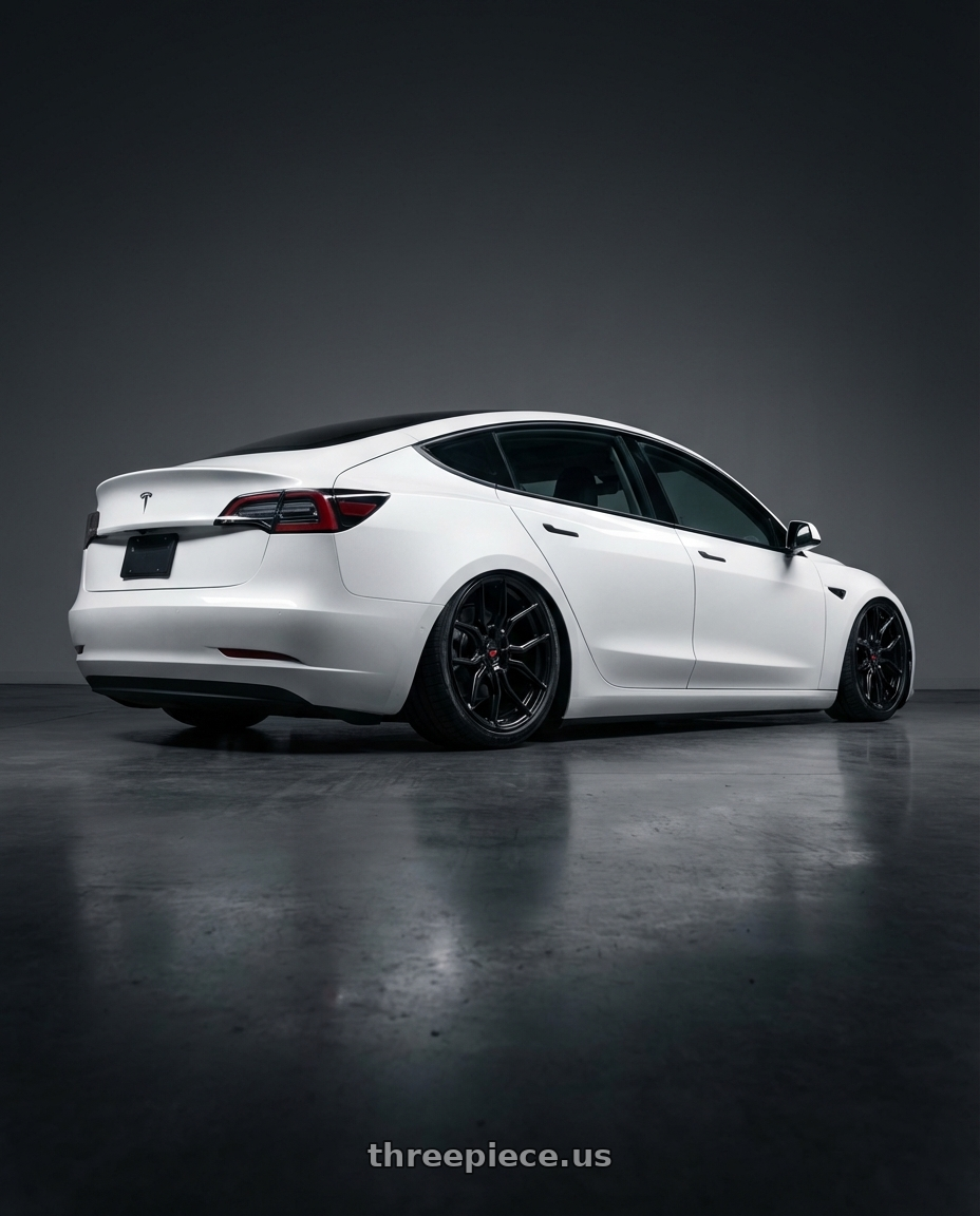 2023 Tesla Model 3 with Vossen HF-5 19x9.5 / 5x114.3 / ET40 / Deep Face / 73.1 - Gloss Black Wheel - HF5-9N63 wheels rear three quarter view slight stretch tires