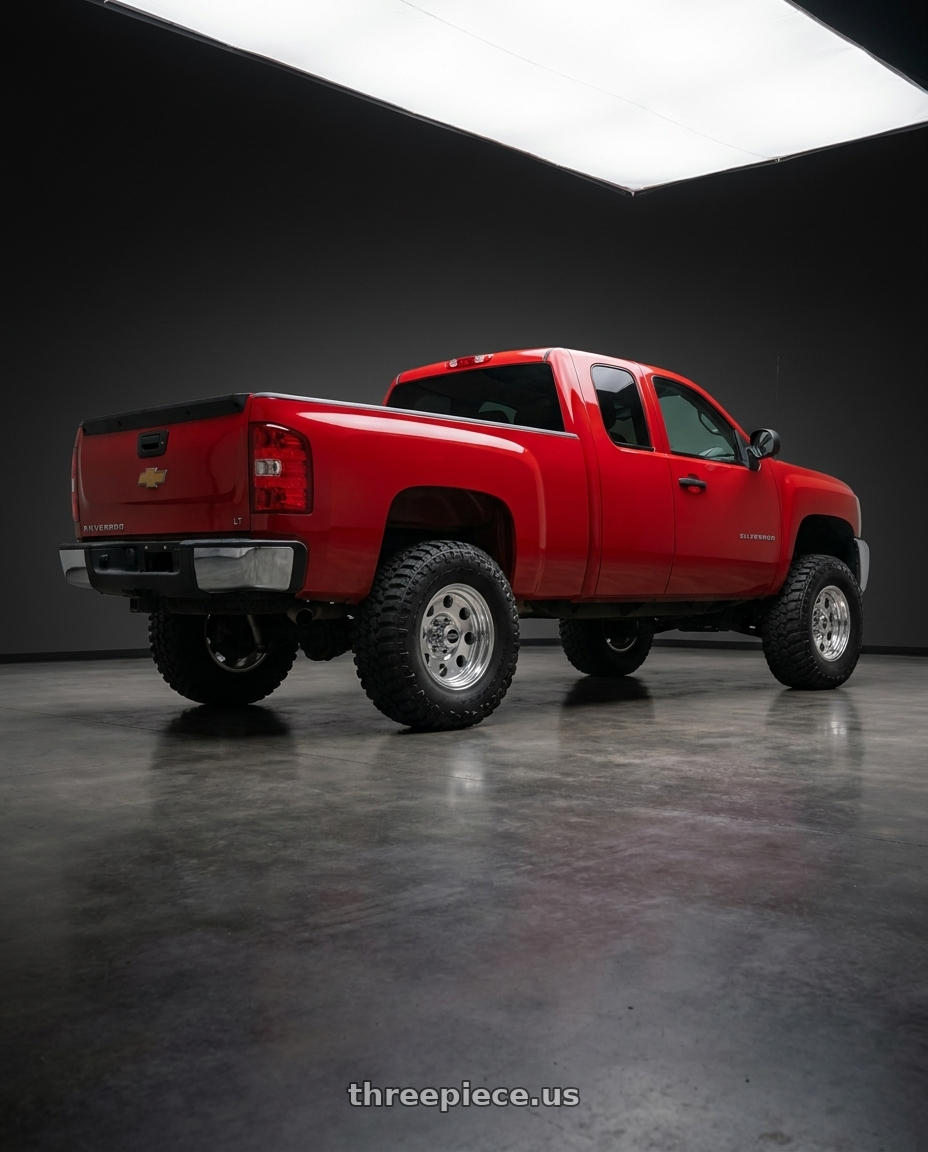 2013 chevrolet silverado 1500 LT extended cab red with American Racing AR172 BAJA 6X139.7 16X10 -25 POLISHED wheels rear three quarter view meaty tires