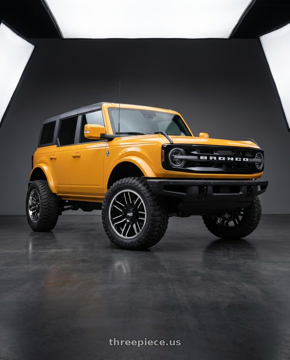 2024 Ford Bronco with Moto Metal MO202 6X139.7 20X12 -44 GLOSS BLACK MACHINED CENTER CHROME LIP wheels