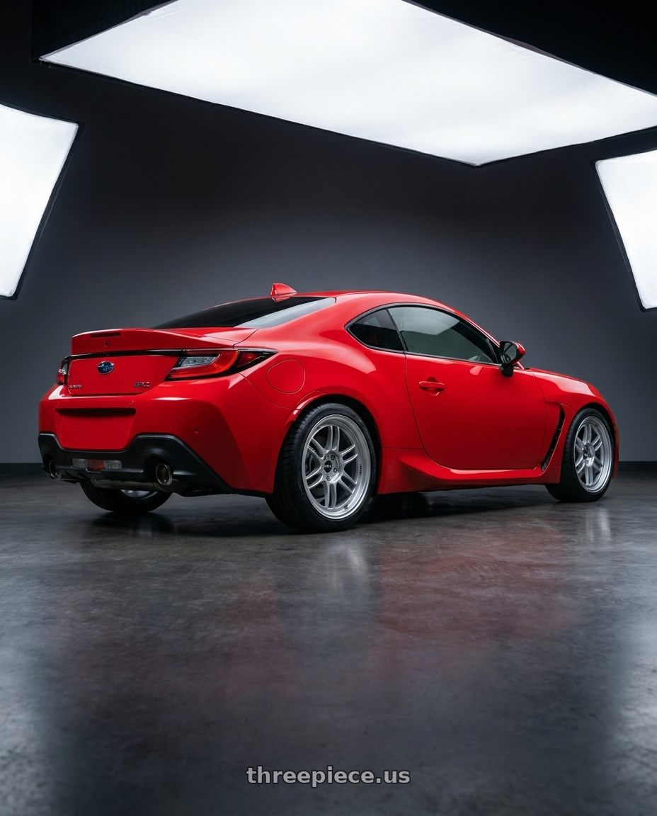 2026 subaru brz with Enkei RPF1 5x100 18x8+45 Silver wheels rear three quarter view square tires