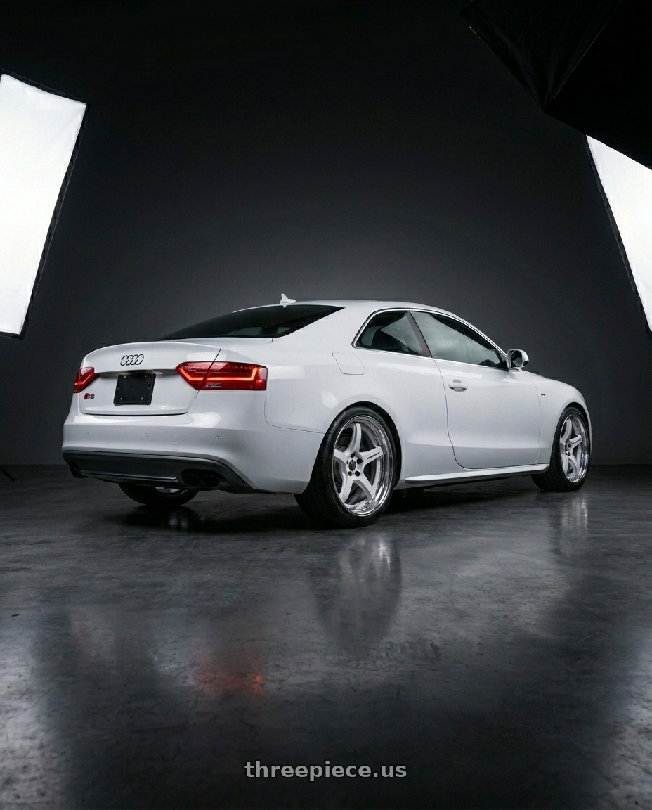 2014 Audi s5 with Work T5R 2P 5x112 19x9.0 +22 WHITE wheels rear three quarter view square tires