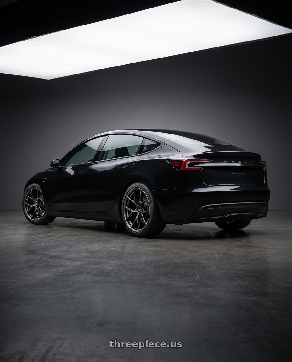 2025 Tesla model3 with BBS FI-R CL 20x9.0+52 Diamond Black wheels rear three quarter view square tires