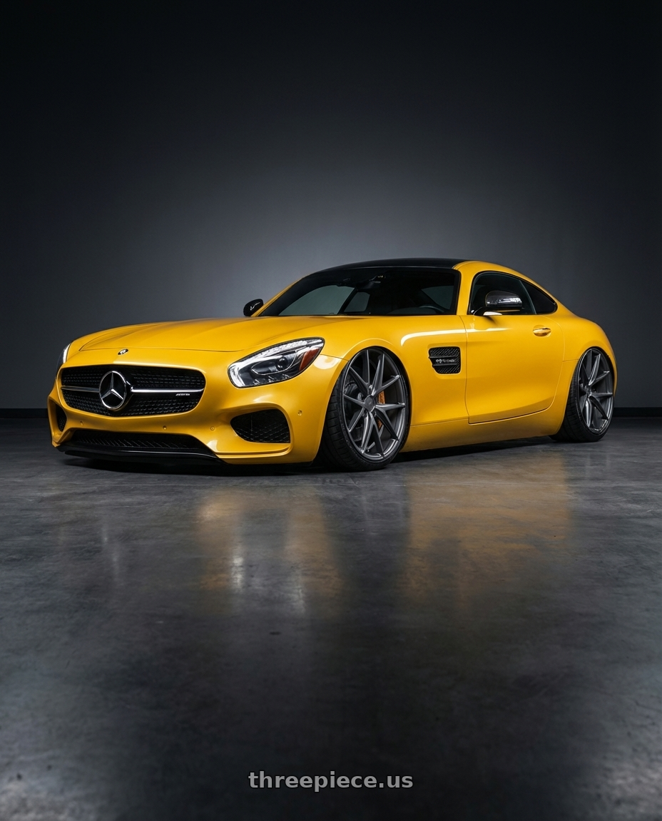 2019 Mercedes-Benz AMG GT with Niche 1PC M116 MISANO 5X112 20X9 +27 MATTE GUN METAL wheels front three quarter view stanced stance