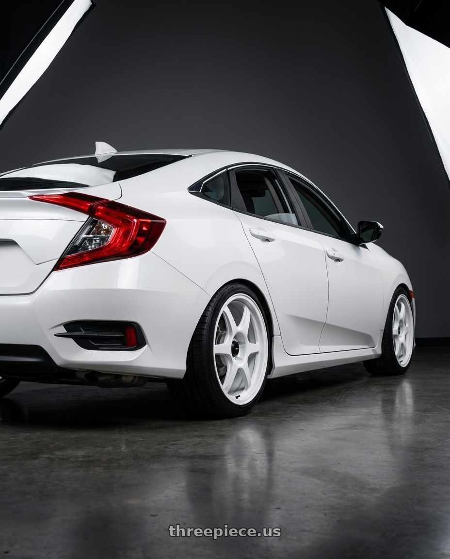 2019 Honda Civic with Konig Hexaform 5X114.3 18x9.5+25 Gloss White Flow Formed wheels rear three quarter view square tires