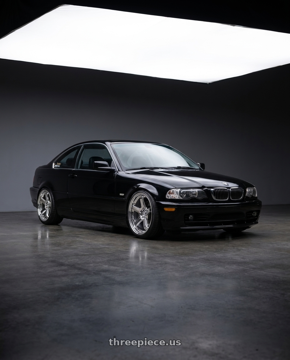 2002 BMW 325Ci with KATANA RACING HR05 5x120 18x8.5 +35 Chrome wheels front three quarter view lowered stance