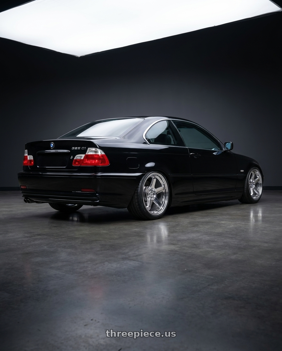 2002 BMW 325Ci with KATANA RACING HR05 5x120 18x8.5 +35 Chrome wheels rear three quarter view square tires