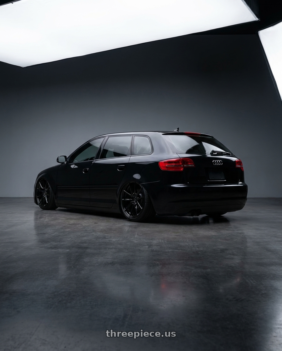 2012 Audi A3 8P with Avant Garde Wheels M520R 5X112 19x8.5 +35 Gloss Black wheels rear three quarter view slight stretch tires