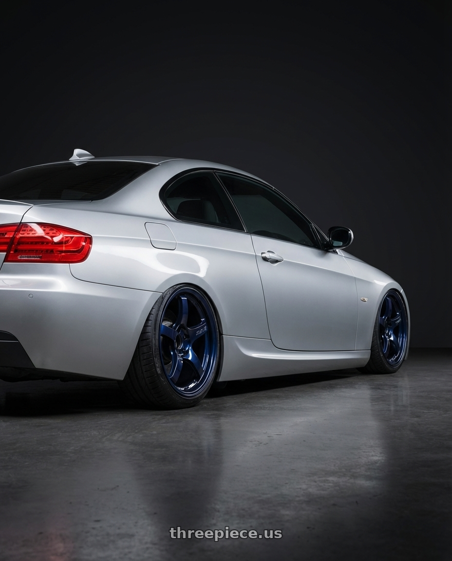 2012 BMW 3 Series E92 with Gram Lights 57CR 5x120 19x9.5+45 Eternal Blue Pearl wheels rear three quarter view slight stretch tires