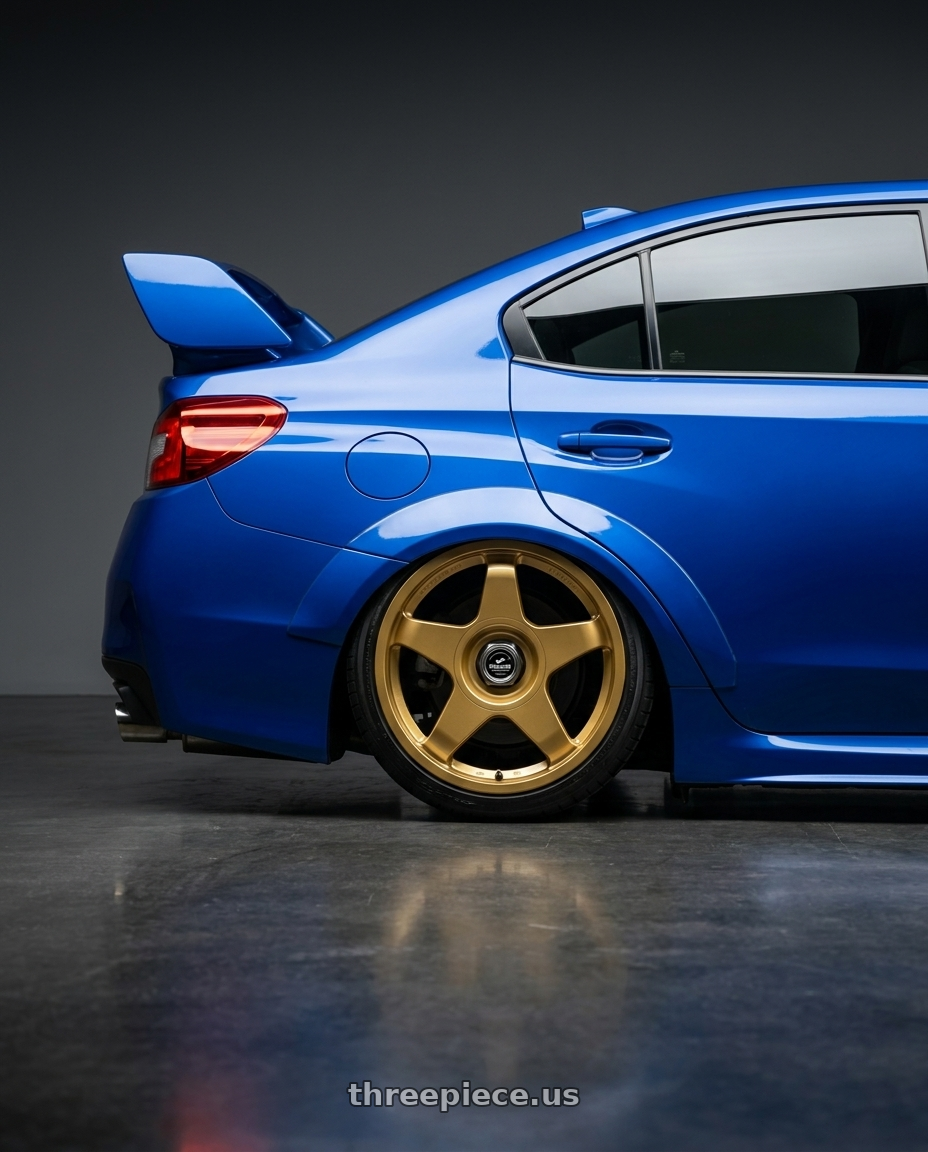 2013 Subaru WRX STI with fifteen52 CHICANE 5x114.3 / 5x100 18x8.5 +35 GOLD (GLOSS GOLD) wheels rear three quarter view slight stretch tires