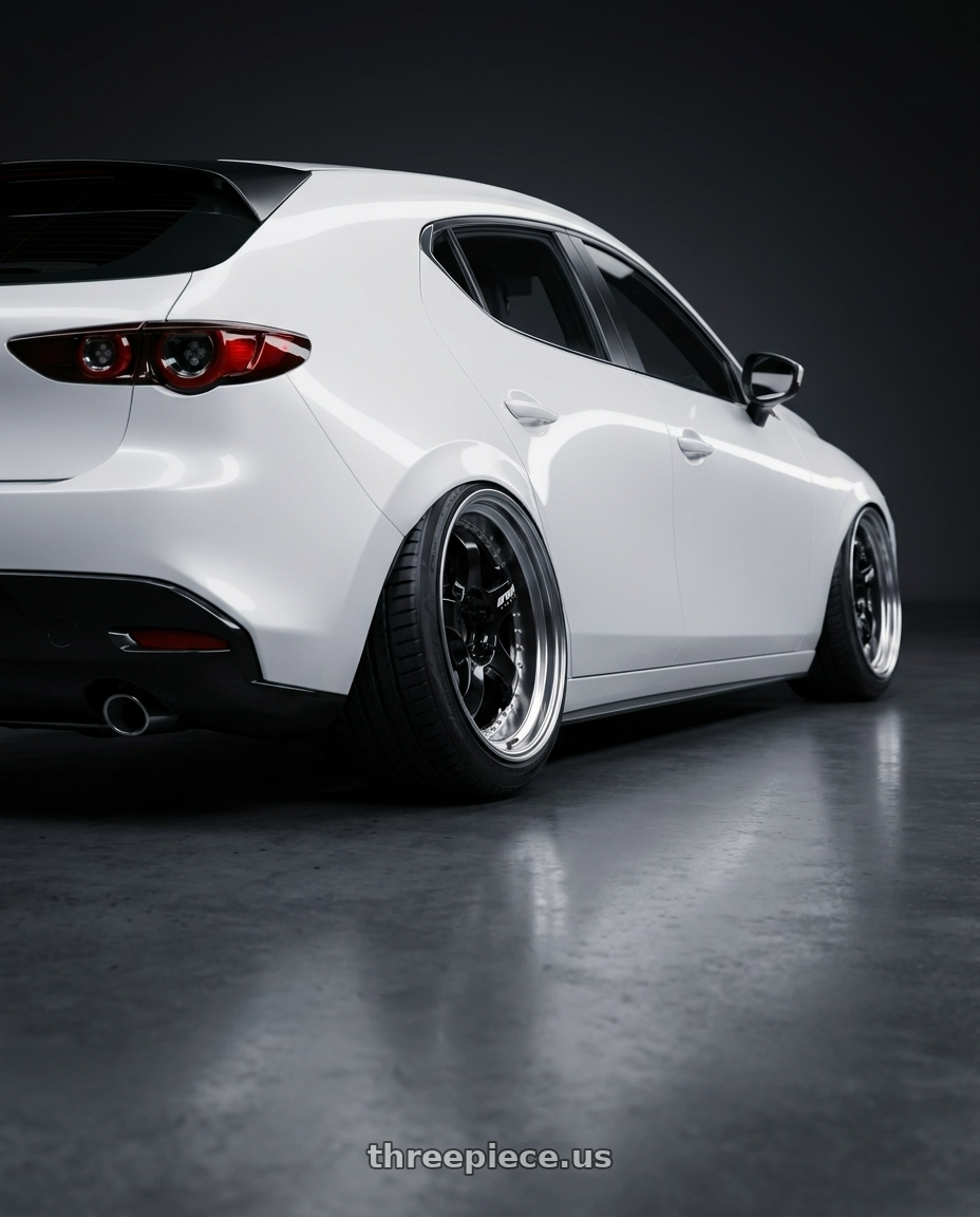 2025 mazda 3 with Work Meister S1 3P 5x100 18x8+60 A Disk Black wheels rear three quarter view meaty tires