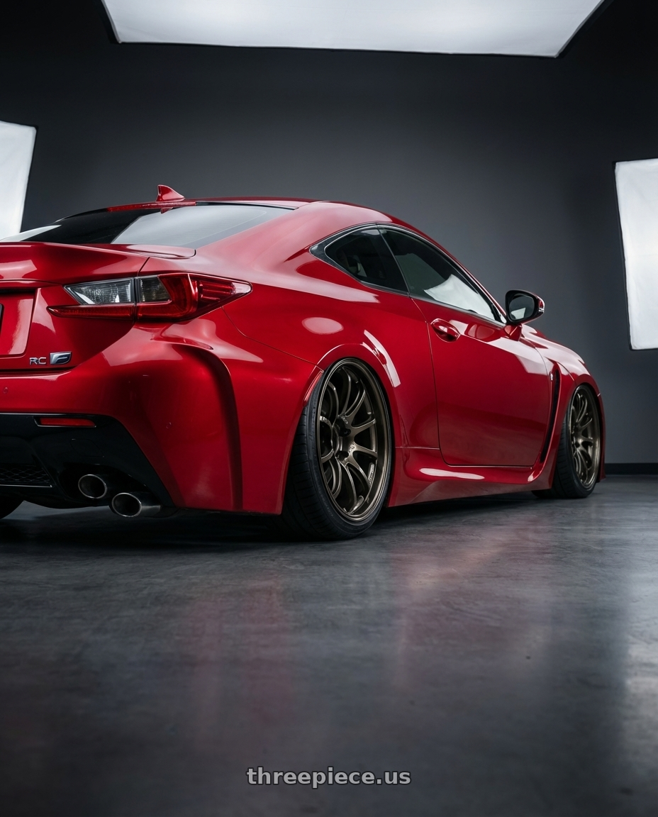 2018 Lexus RC F with Advan Racing RS-DF Progressive 5x114.3 19x10+22 Dark Bronze Metallic wheels rear three quarter view slight stretch tires