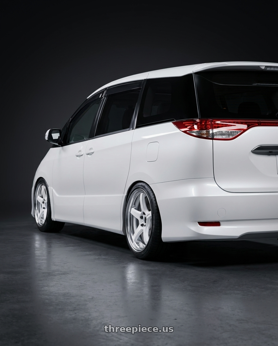 2000 toyota estima acr30w with Work T5R 2P 5x114.3 19x8.0 +38 WHITE wheels rear three quarter view slight stretch tires