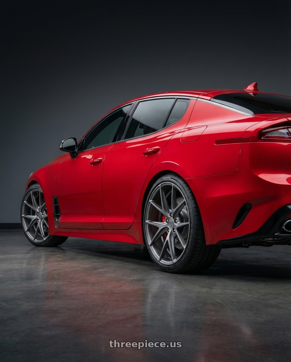 2022 Kia Stinger GT with Niche 1PC M116 MISANO 5X114.3 19X9.5 +35 MATTE GUN METAL wheels rear three quarter view square tires