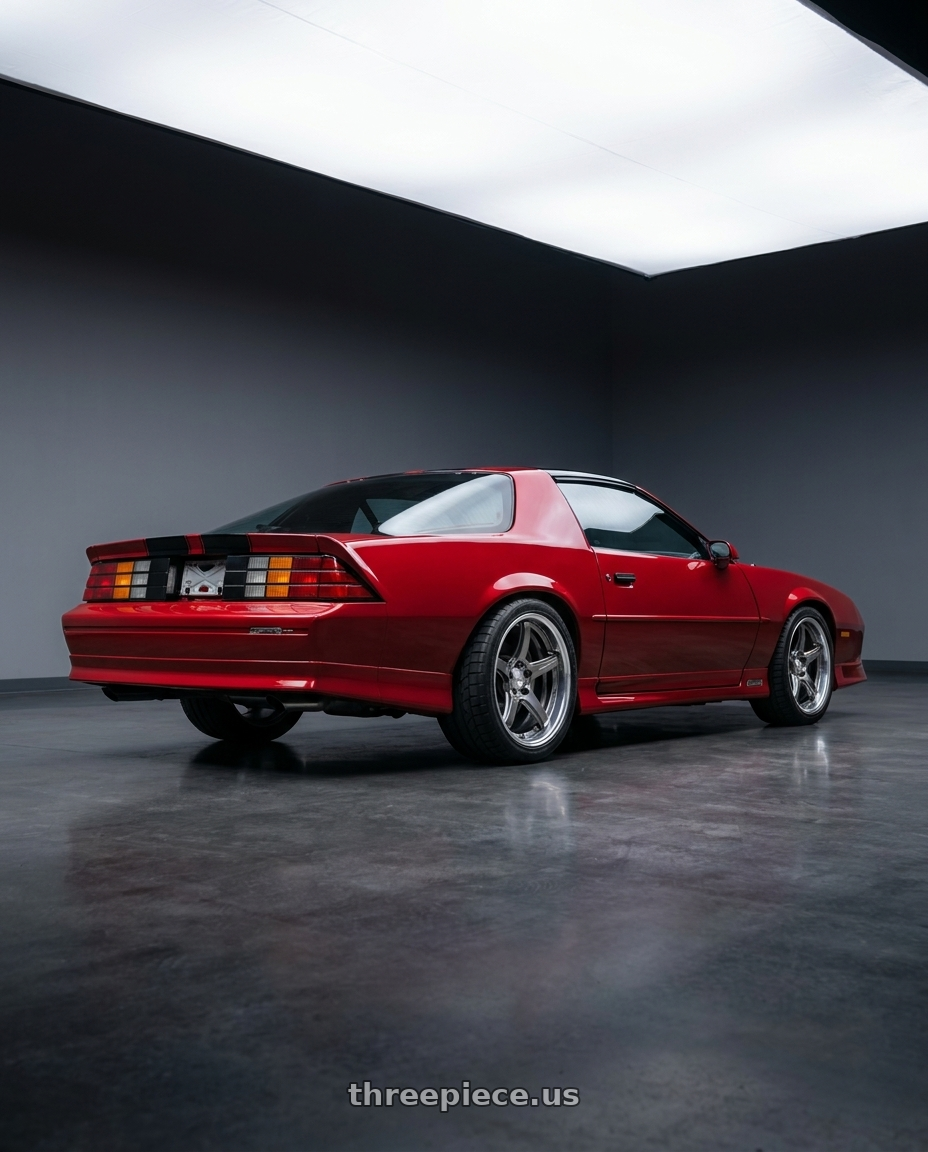 1992 Chevrolet Camaro  Red with Work T5R 2P 5x114.3 18x10.0 GT SILVER wheels rear three quarter view square tires