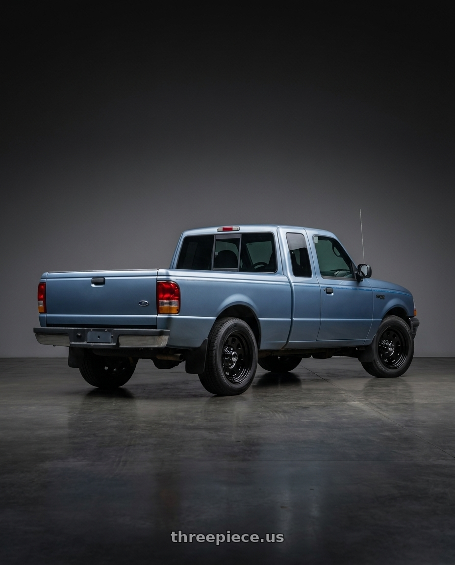 1998 ford ranger xlt with Vision HD 84H 5x114.3 15x7-6 Gloss Black wheels rear three quarter view square tires
