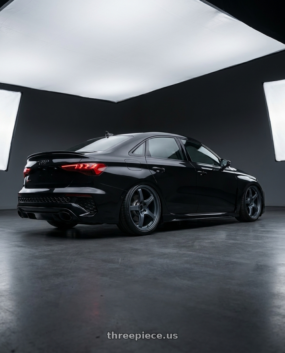 2022 Audi RS3 8Y with Gram Lights 57CR 5x112 19x10.5+35 Gunblue II wheels rear three quarter view slight stretch tires