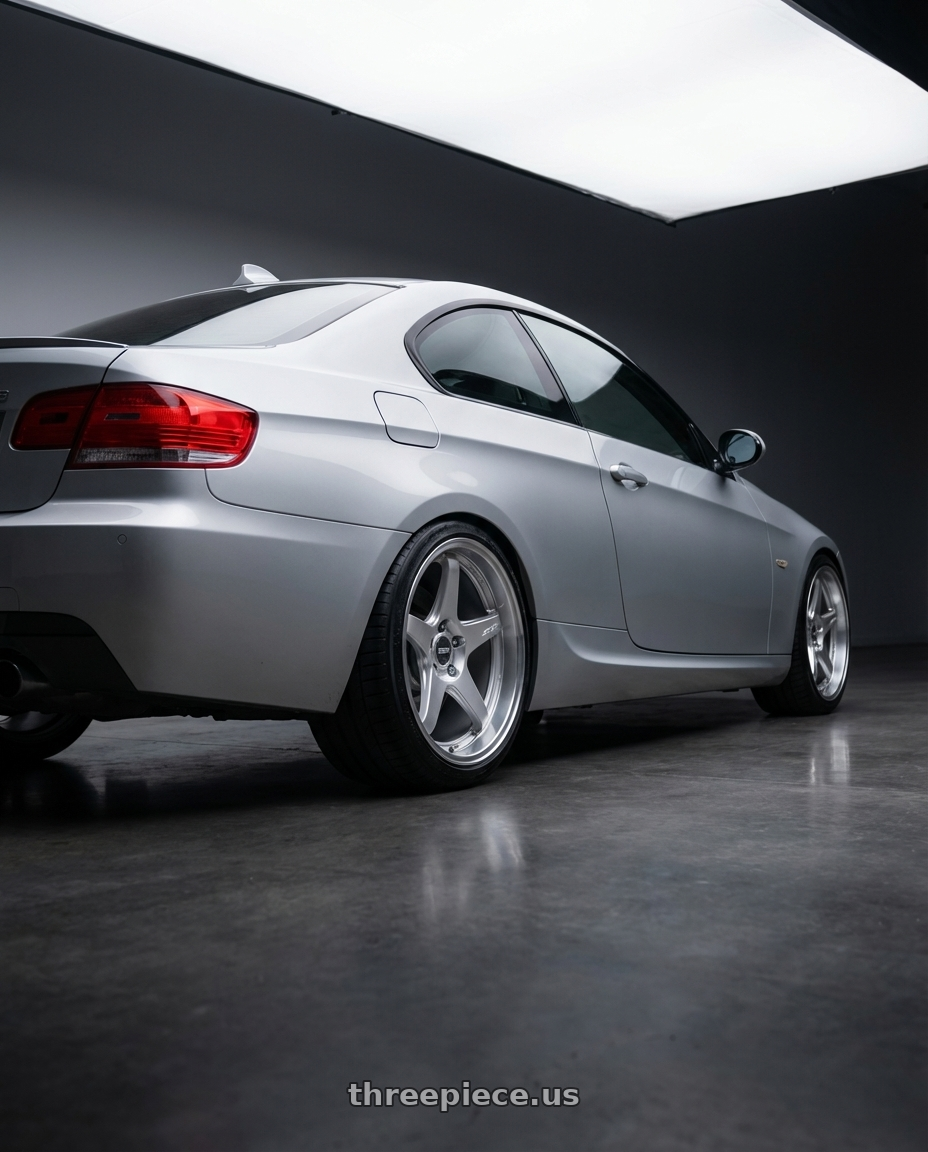 2012 BMW 3 Series E92 with ESR Wheels APEX SERIES AP5 5x120 18x9.5 +35 Hyper Silver wheels rear three quarter view square tires