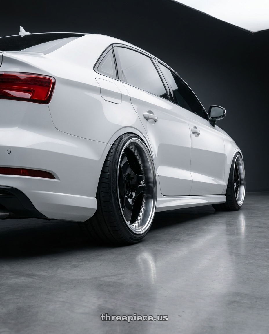 2017 Audi S3 with Advan Racing ONI2 PROGRESSIVE 5x112 20x10.5 +32 MACHINING & RACING GLOSS BLACK wheels rear three quarter view extreme stretch tires