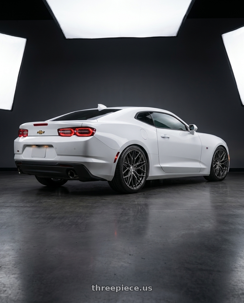 2022 Chevrolet Camaro with Avant Garde Wheels M520R 5X120 20x11 +45 Dark Graphite Metallic wheels rear three quarter view square tires