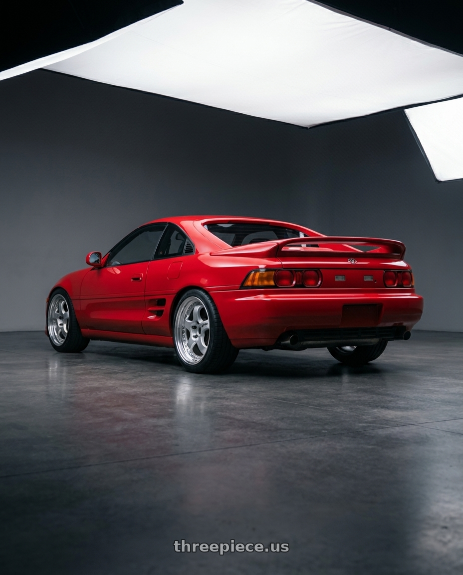 1993 Toyota MR2 with Work Meister S1 3P 4x100 17x7.5+42 W Disk Silver wheels rear three quarter view square tires