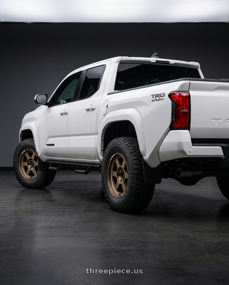 2026 Toyota Tacoma Trd sport  with Volk Racing TE37XT M-Spec 6x139.7 17x8.5-10 Bronze Almite wheels rear three quarter view meaty tires