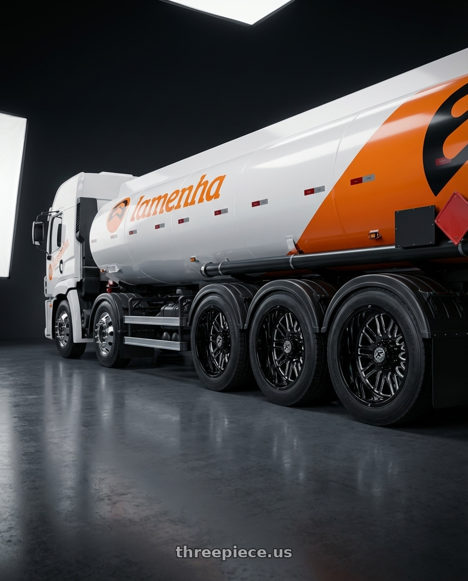 Carreta Tanque Gotti 4 Eixos 2025 with XF Dually XF-240 Dually 10x225 20x8.25 +110 Gloss Black & Milled wheels rear three quarter view square tires