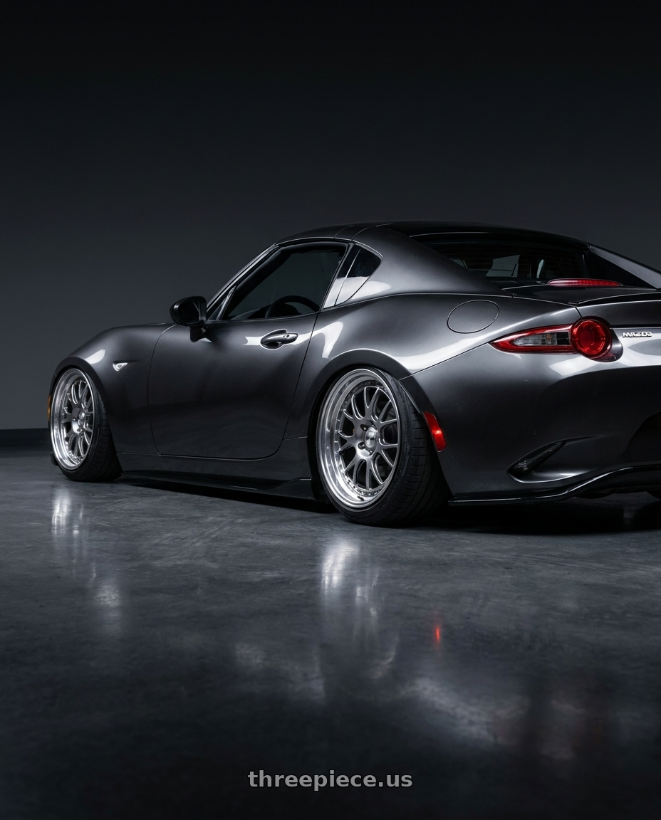 2017 Mazda Miata with SSR Professor MS3R 4X100 17X8 37 SL Disk Titan Silver wheels rear three quarter view slight stretch tires