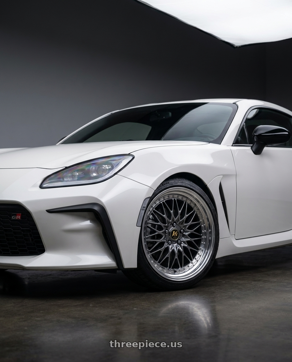2023 GR86 white with Work Vs-Xv 5x100 18x7+28 A Disk Brilliant Silver Black wheels
