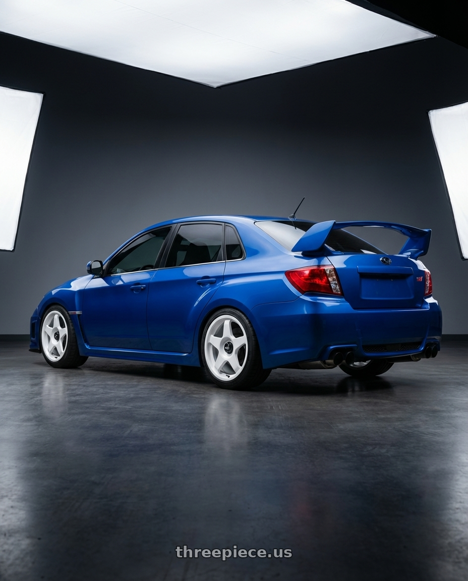 2013 Subaru WRX STI with fifteen52 CHICANE 5x114.3 / 5x100 18x8.5 +35 RALLY WHITE (GLOSS WHITE) wheels rear three quarter view square tires