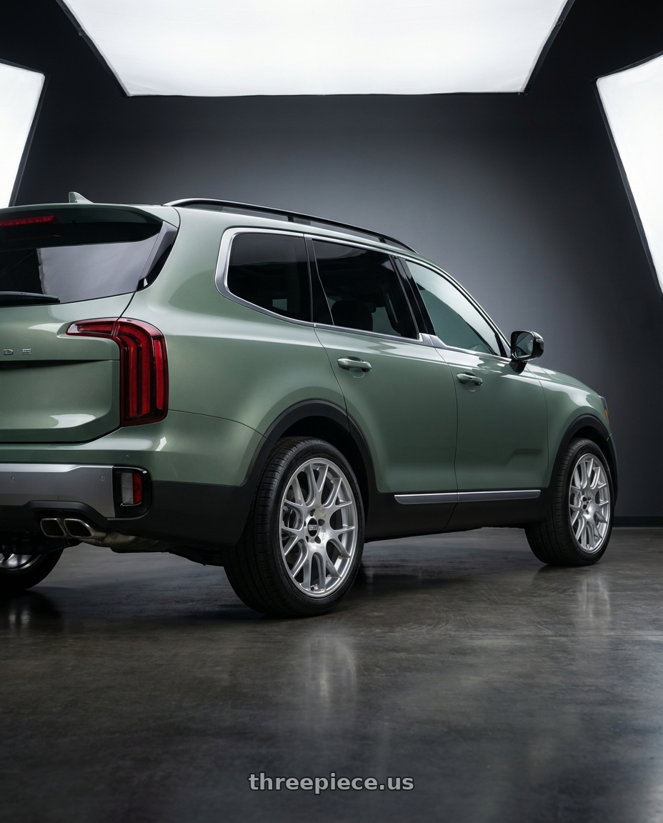 2024 Kia Telluride with BBS CH-R 5x114.3 20x8.5 +38 Brilliant Silver Polished Rim Protector wheels rear three quarter view square tires