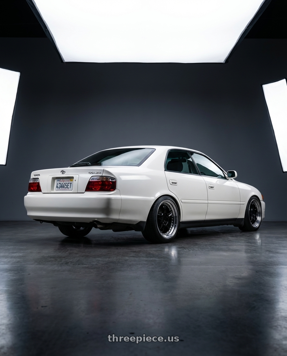 1999 Toyota Chaser Tourer GP with Work Meister S1 3P 5x100 18x8+22 A Disk Black wheels rear three quarter view square tires