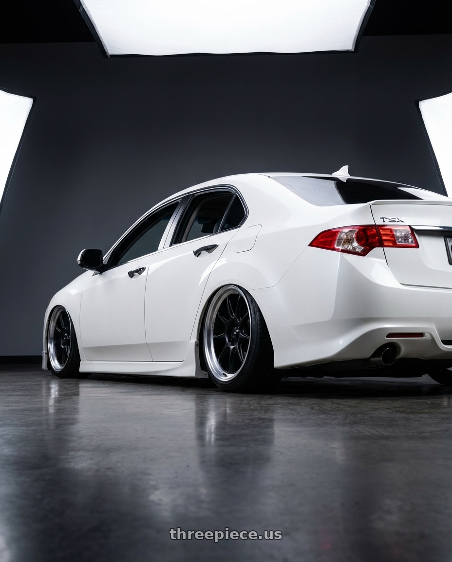 2013 Acura TSX with Konig Countergram 5x114.3 19x10+25 Matte Black / Matte Machined Lip wheels rear three quarter view slight stretch tires