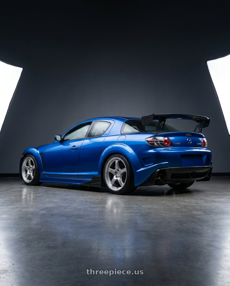 2005 Mazda RX8 with Gram Lights 57CR 5x114.3 18x9.5+38 Grace Silver wheels rear three quarter view square tires