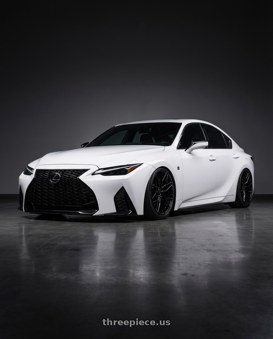 2024 Lexus IS 350 with Avant Garde Wheels M520R 5X114.3 19x9.5 +40 Gloss Black wheels front three quarter view stanced stance