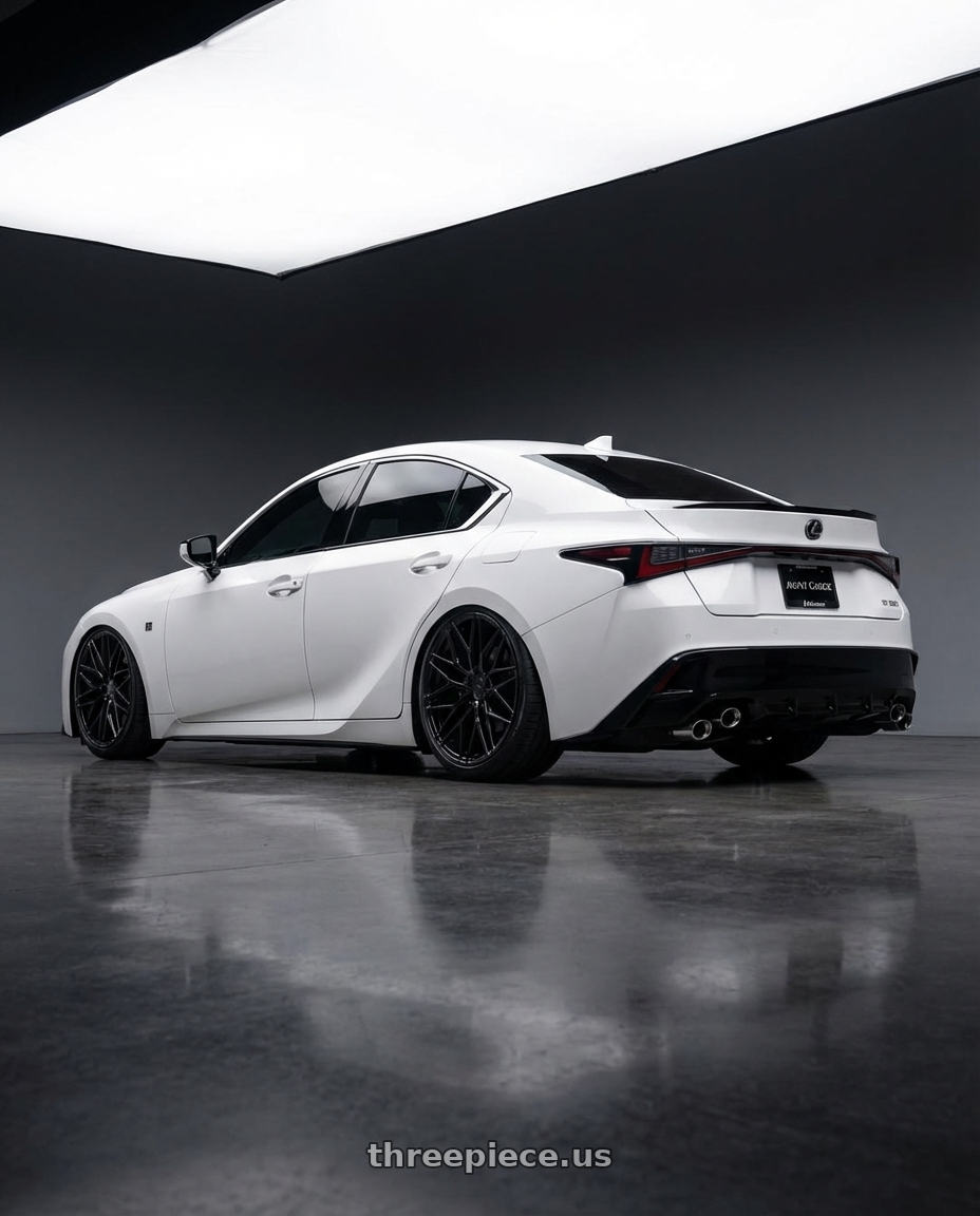 2024 Lexus IS 350 with Avant Garde Wheels M520R 5X114.3 19x9.5 +40 Gloss Black wheels rear three quarter view slight stretch tires