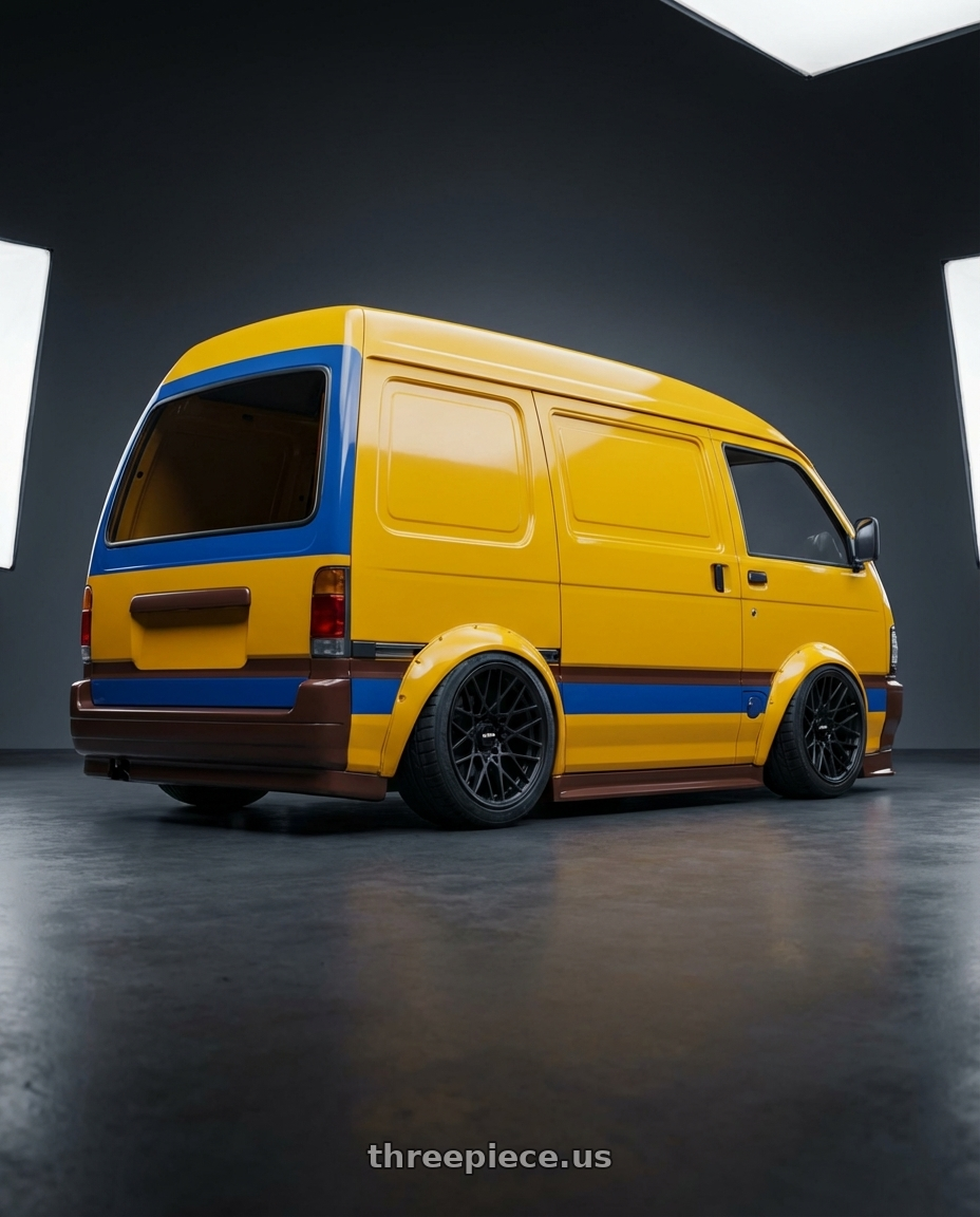 asia towner 1997 cargo adesivada mago churros with Rotiform 1PC R112 BLQ 5X114.3 18X8.5 +38 MATTE BLACK wheels rear three quarter view square tires