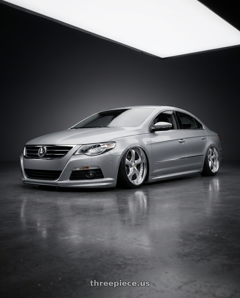 2008 Volkswagen Passat with Work Wheels VS-KF 5x112 19x8.5+34 Light Grey Silver A Disk FULL REVERSE wheels front three quarter view stanced stance