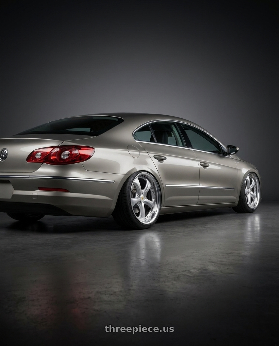 2008 Volkswagen Passat with Work Wheels VS-KF 5x112 19x8.5+34 Light Grey Silver A Disk FULL REVERSE wheels rear three quarter view slight stretch tires