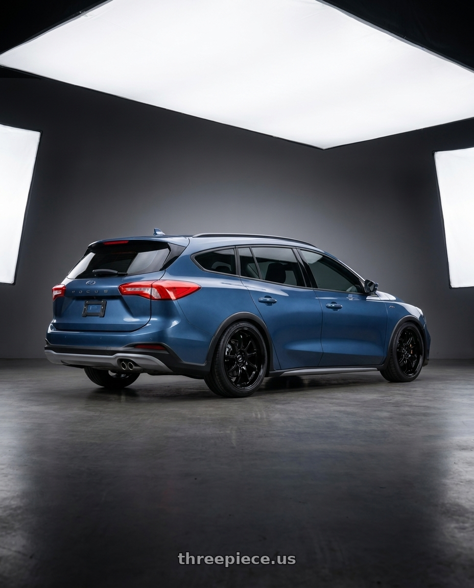 2023 ford activewagon with Work Emotion D9r 5x100 18x7.5 +47 Black wheels rear three quarter view slight stretch tires