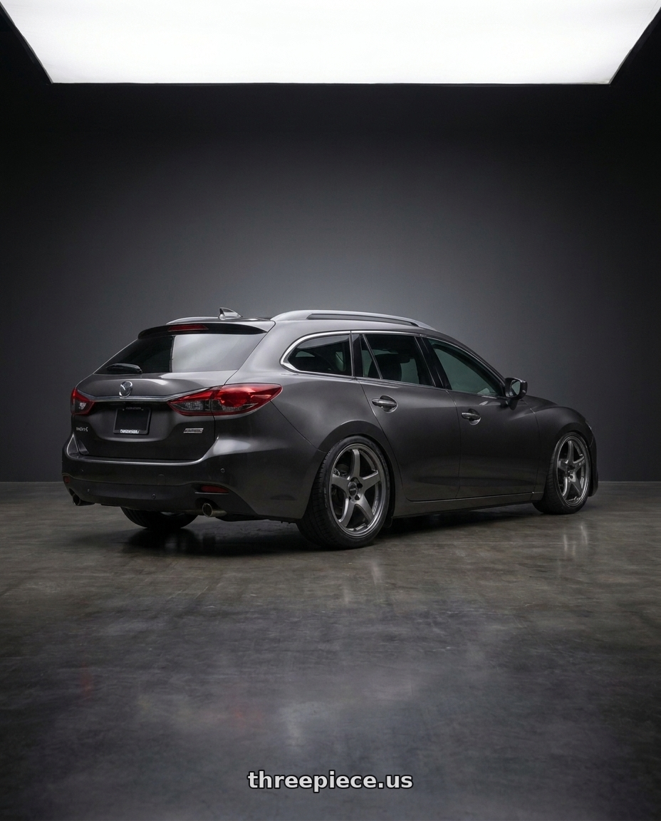 2019 Mazda 6 wagon with Enkei PF05 5x114.3 18x8.5+45 Dark Silver wheels rear three quarter view meaty tires