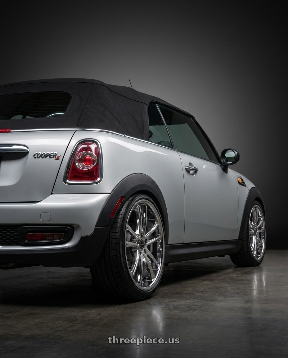 2014 , mini cooper convertible  with Asanti Black ABL-1 PEGASI 5X108 20X8.5 +15 CHROME wheels rear three quarter view slight stretch tires